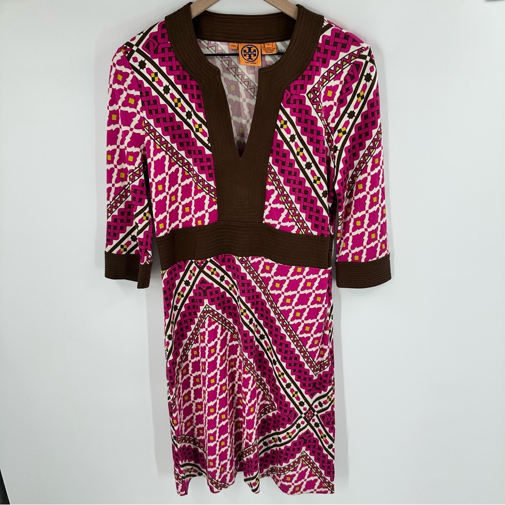 Tory Burch Silk Jersey Empire Waist Dress Medium Pink‎ Brown Geometric V-Neck